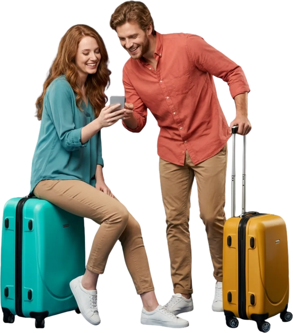 Two travelers with suitcases ready for relocation